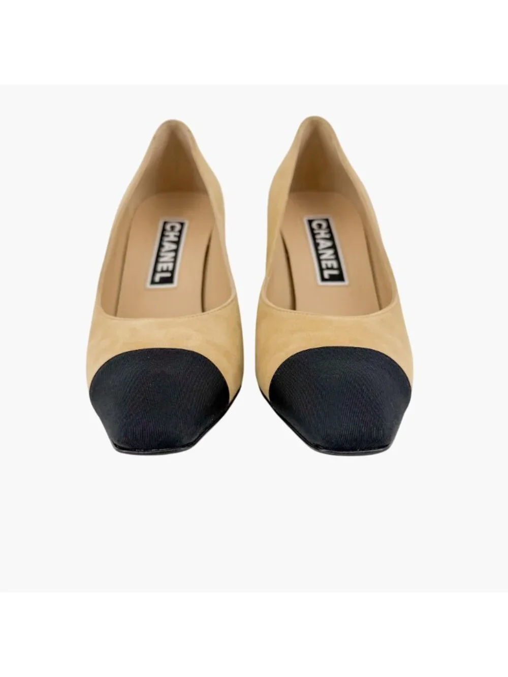 Chanel CC Cap Toe Pumps Heels Beige Black Two Tone Size 38.5 US 7.5-8 Crystal
